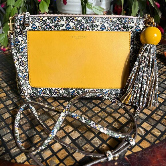 Tory Burch Colorblock Tassel Crossbody Bag Goan Sand Floral & Daisy Yellow EUC - Picture 2 of 8